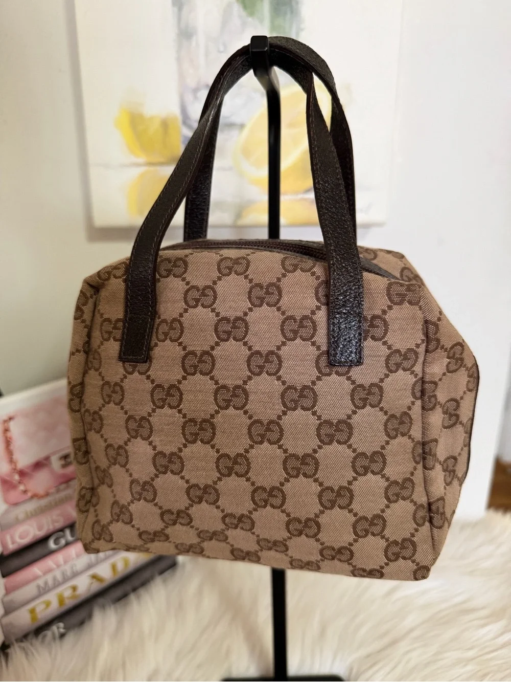 Gucci Brown GG Canvas Mini Boston Style Top-Handle Bag.